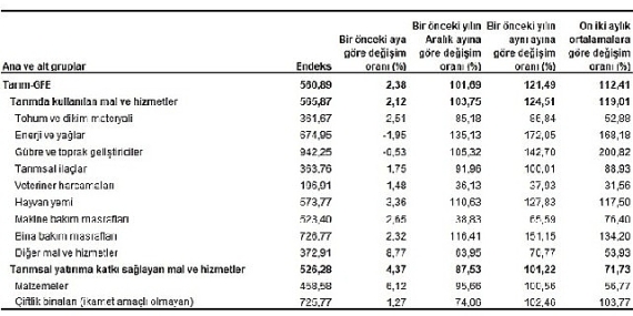 Tarımsal girdi fiyat endeksi (Tarım-GFE) yıllık %121,49, aylık %2,38 arttı
